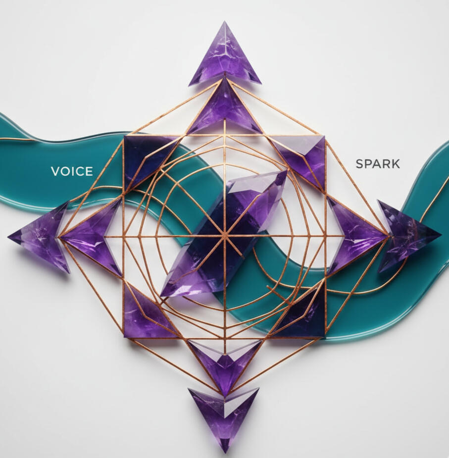 : Diagram of the interconnected VOICE and SPARK strategic frameworks. Abstract strategic roadmap showing connections leading to community impact.